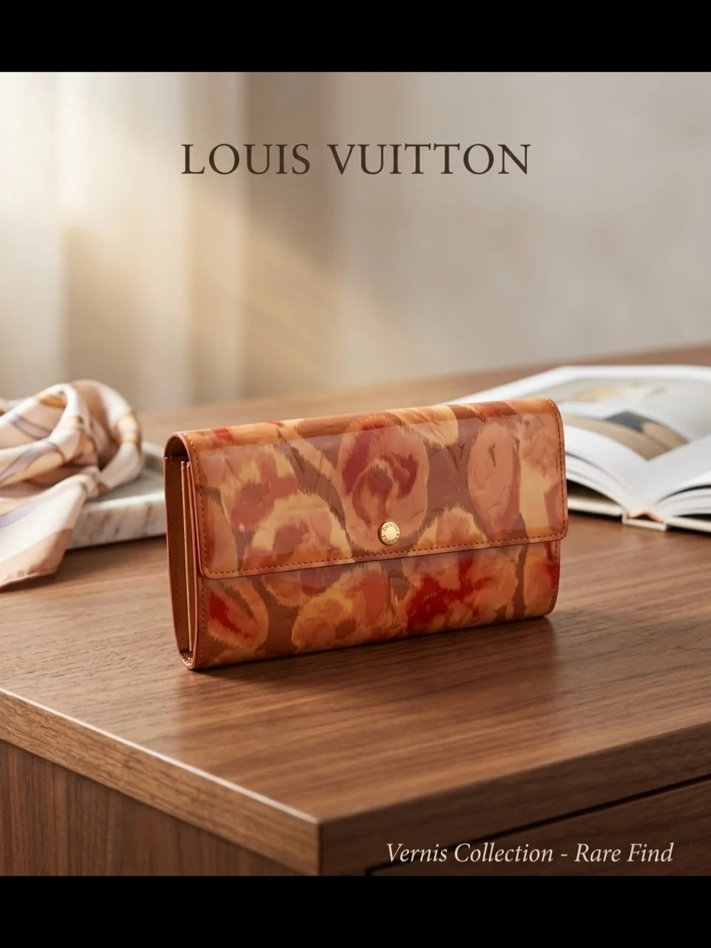 Louis Vuitton Orange Tan Patent Leather Floral Monogram Chain Clutch